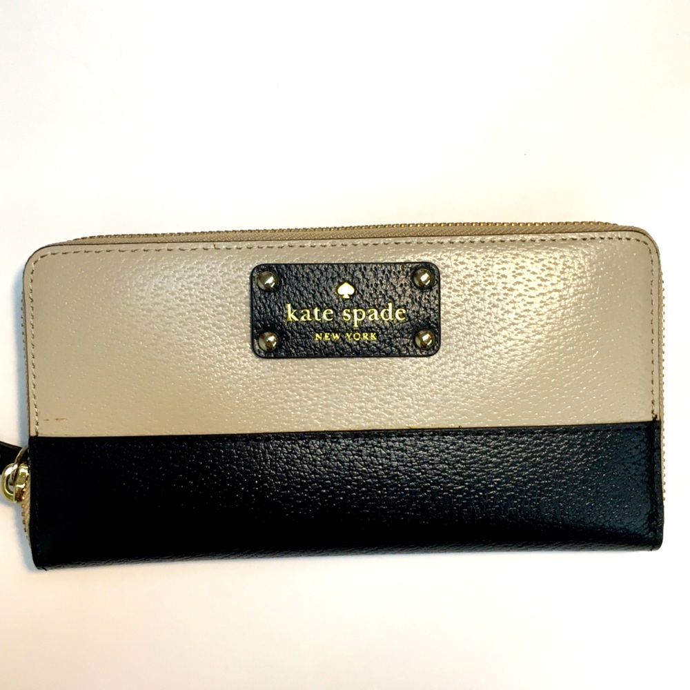 Kate Spade Zipper Cow Leather Wallet Black Tan Textured 2 Tone Leather Classic